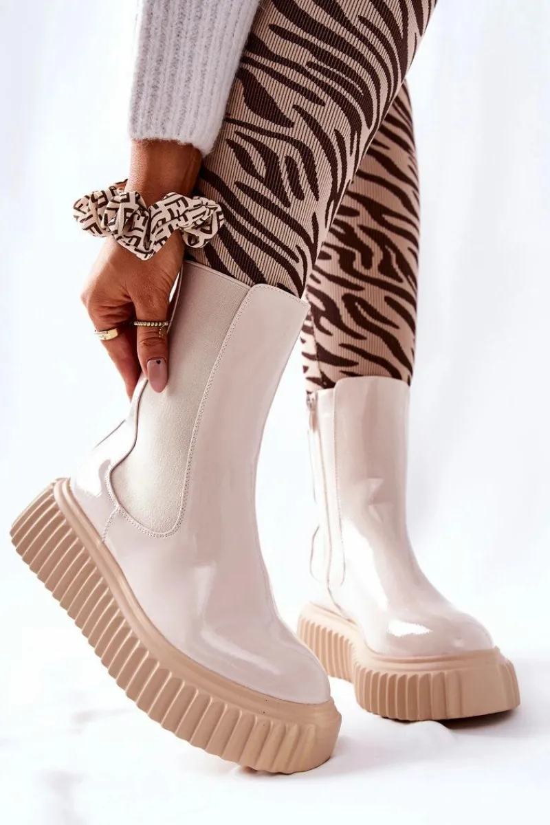 Hot Wysokie Lakierowane Botki Na Platformie Beżowe Sereia Damskie Botki Ocieplane|Czarne Botki