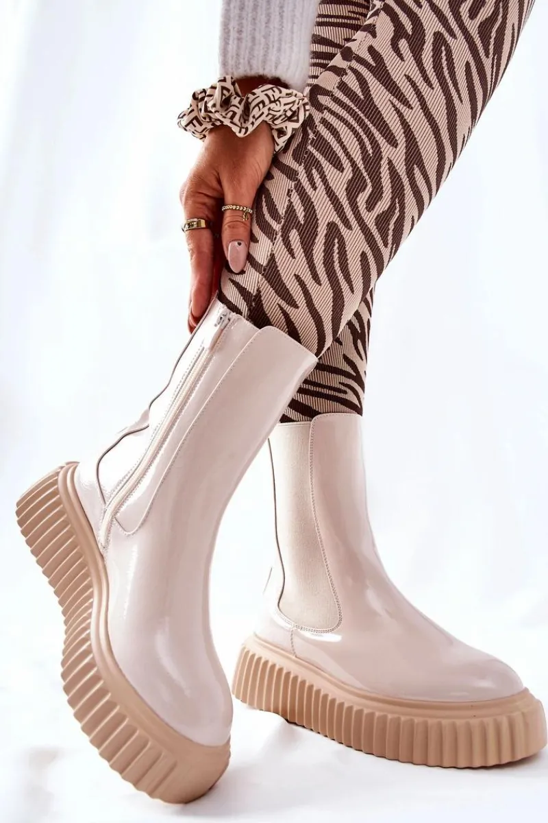 Hot Wysokie Lakierowane Botki Na Platformie Beżowe Sereia Damskie Botki Ocieplane|Czarne Botki