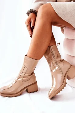 Sale Boto Wysokie Lakierowane Botki Na Obcasie Beżowe Merelien