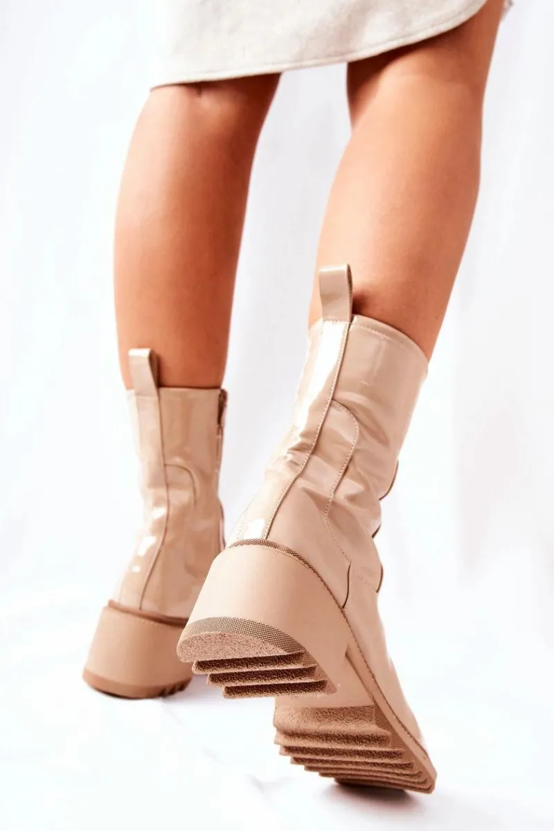 Sale Boto Wysokie Lakierowane Botki Na Obcasie Beżowe Merelien