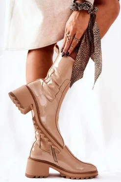 Sale Boto Wysokie Lakierowane Botki Na Obcasie Beżowe Merelien