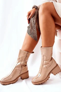 Sale Boto Wysokie Lakierowane Botki Na Obcasie Beżowe Merelien
