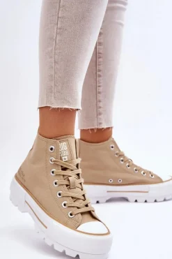 Trampki Damskie Big Star|Trampki Damskie Wysokie>Big Star Shoes Wysokie Materiałowe Trampki Na Platformie Big Star LL274160 Beżowe