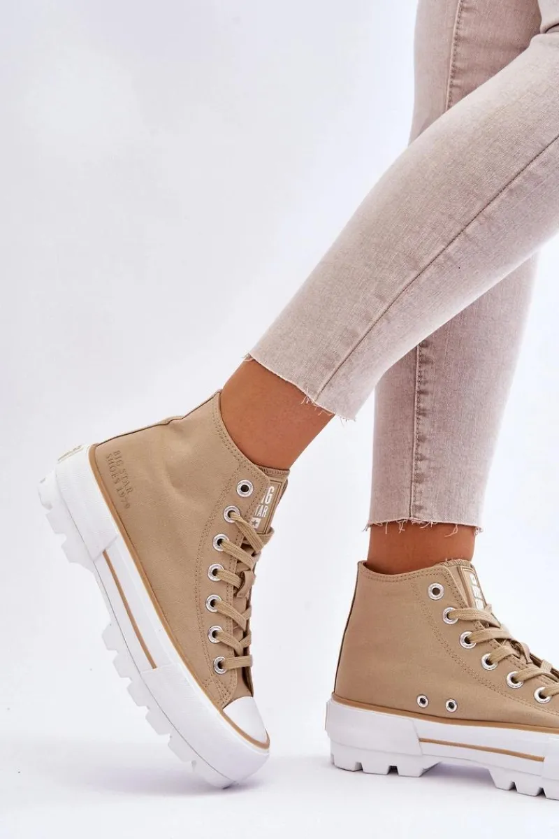 Trampki Damskie Big Star|Trampki Damskie Wysokie>Big Star Shoes Wysokie Materiałowe Trampki Na Platformie Big Star LL274160 Beżowe