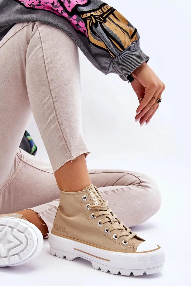 Trampki Damskie Big Star|Trampki Damskie Wysokie>Big Star Shoes Wysokie Materiałowe Trampki Na Platformie Big Star LL274160 Beżowe