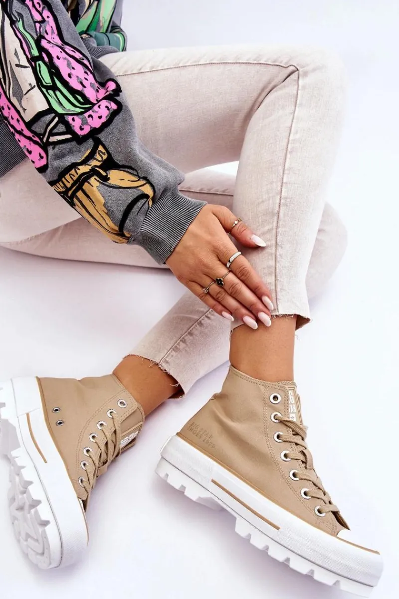 Trampki Damskie Big Star|Trampki Damskie Wysokie>Big Star Shoes Wysokie Materiałowe Trampki Na Platformie Big Star LL274160 Beżowe