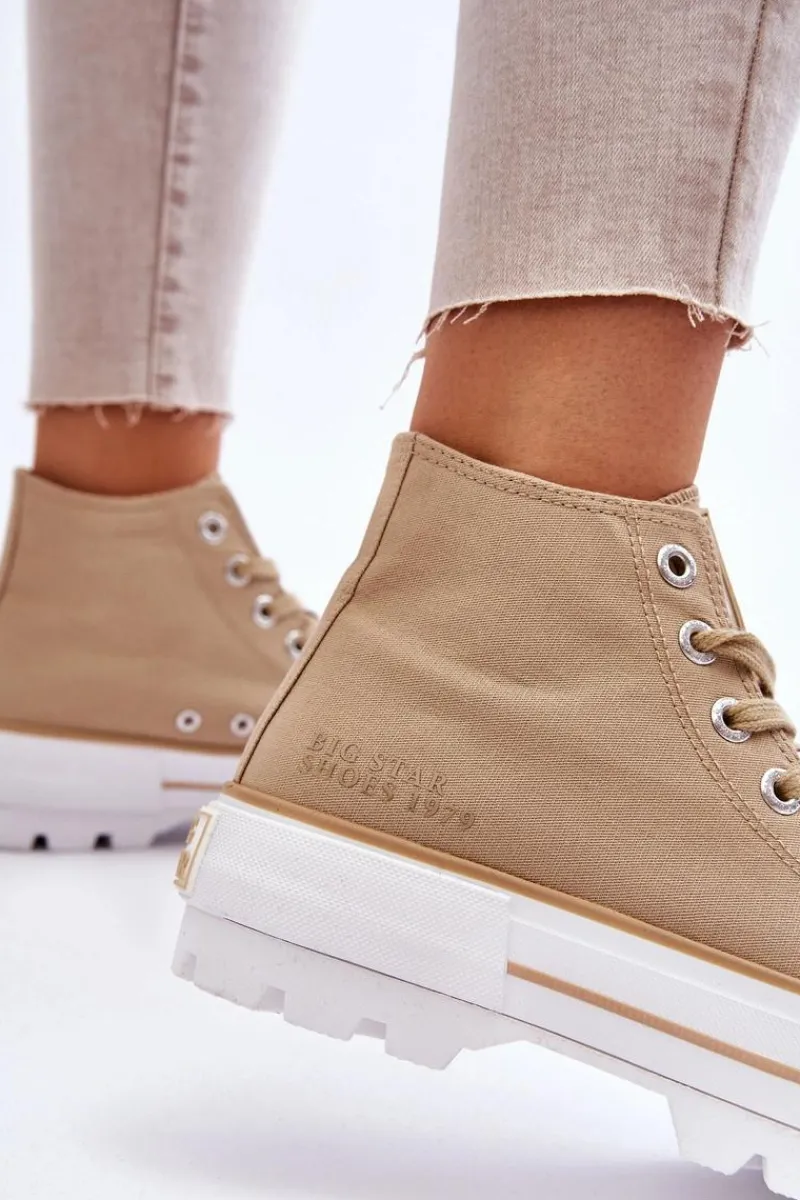 Trampki Damskie Big Star|Trampki Damskie Wysokie>Big Star Shoes Wysokie Materiałowe Trampki Na Platformie Big Star LL274160 Beżowe