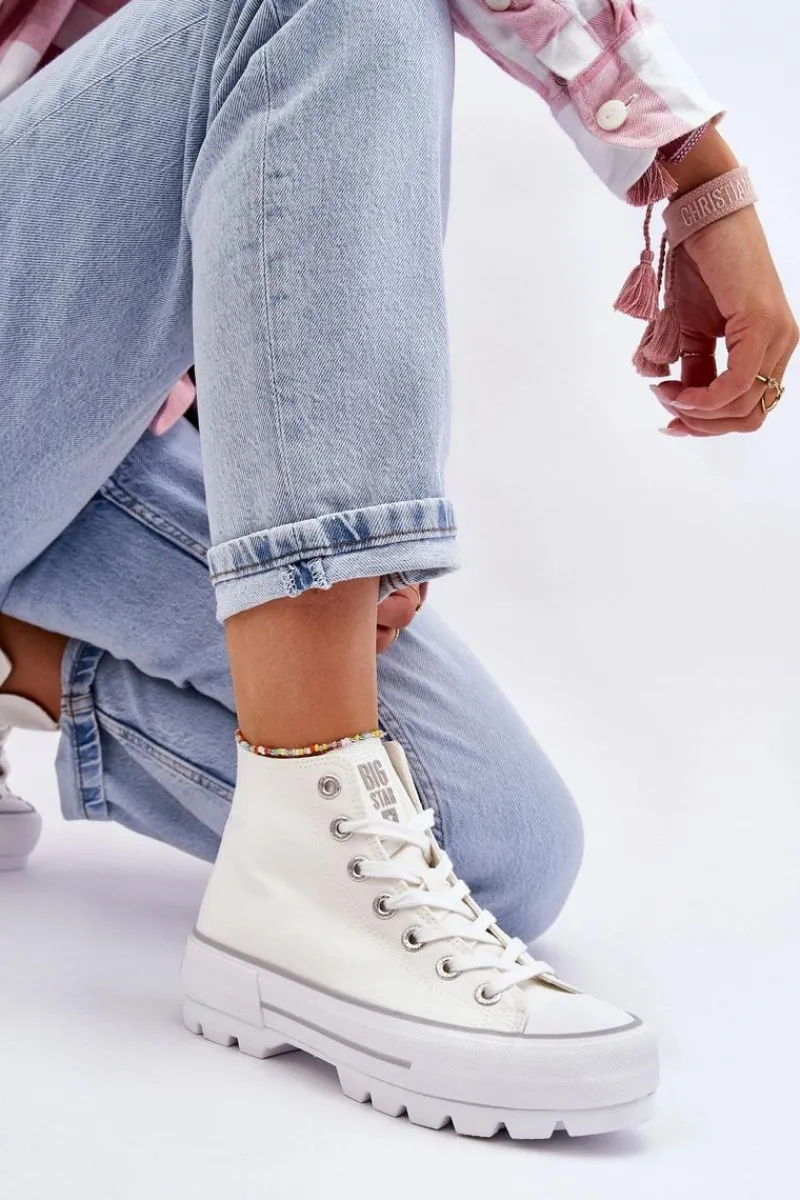 Big Star Shoes Wysokie Materiałowe Trampki Na Platformie Big Star LL274156 Białe Biały