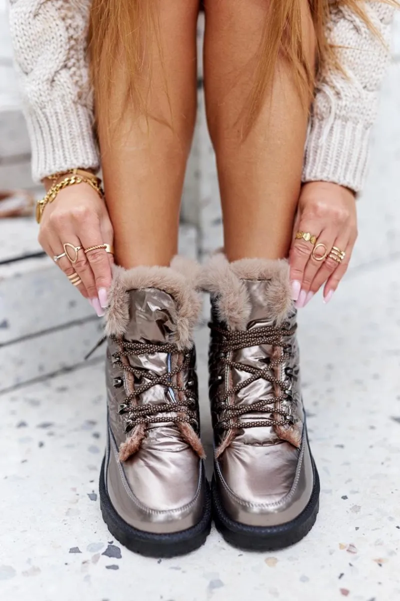 Śniegowce Damskie>Boto Wysokie Śniegowce Ocieplane Futerkiem Złote Sneezy