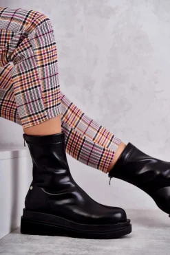 Czarne Botki|Botki Zimowe Damskie>GOE Wysokie Ocieplane Botki KK2N4054 Czarne