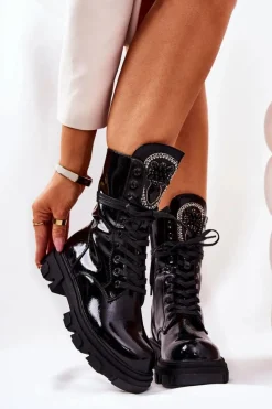 Discount Wysokie Ocieplane Botki Ze Zdobieniem Czarne Ronessa Damskie Damskie Trapery|Botki Sznurowane