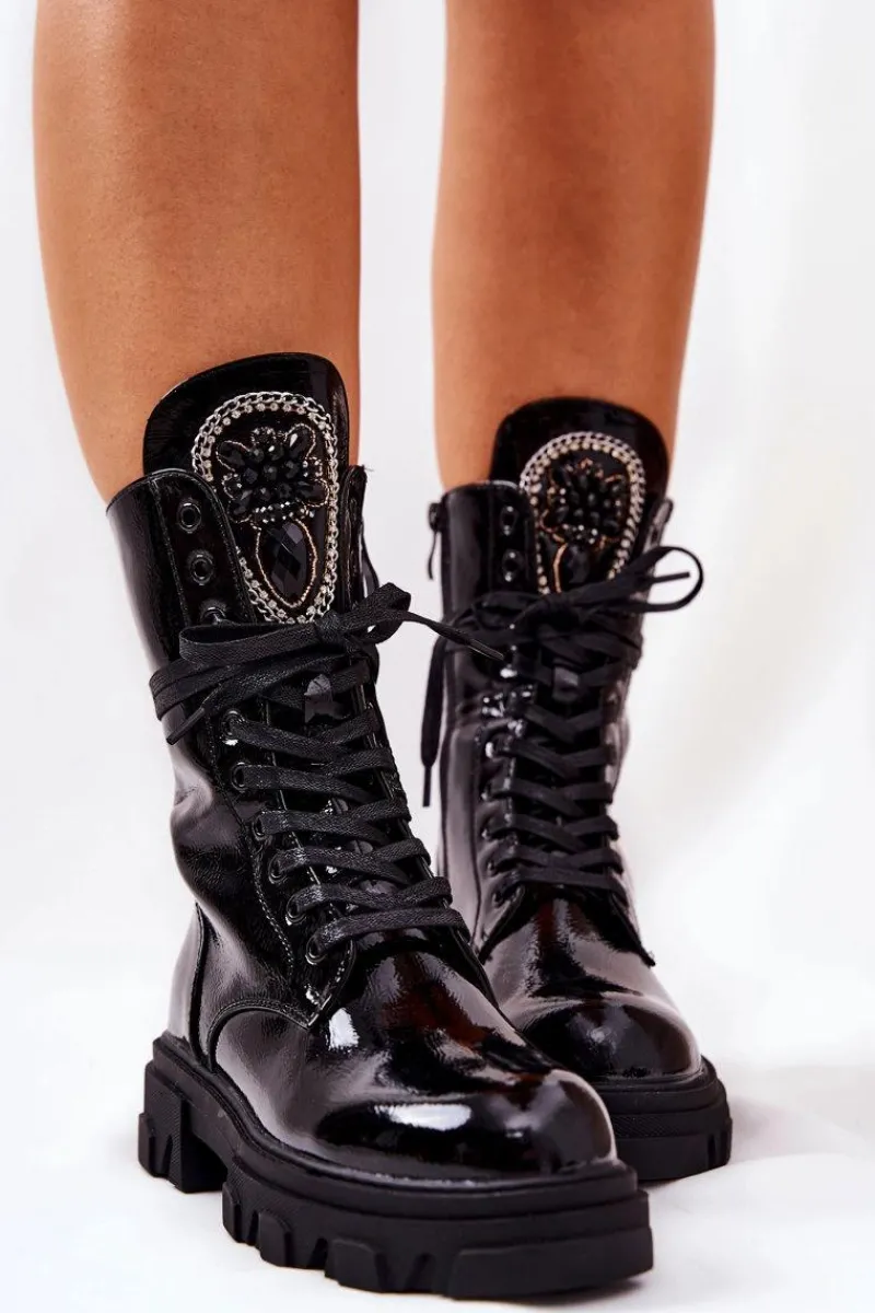 Discount Wysokie Ocieplane Botki Ze Zdobieniem Czarne Ronessa Damskie Damskie Trapery|Botki Sznurowane
