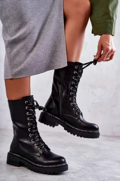 Best Boto Wysokie Ocieplane Damskie Botki Wiązane Czarne Darla