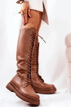 Kozaki Płaskie|Kozaki Przed Kolano></noscript>Boto Wysokie Ocieplane Wiązane Kozaki Camel Kannies