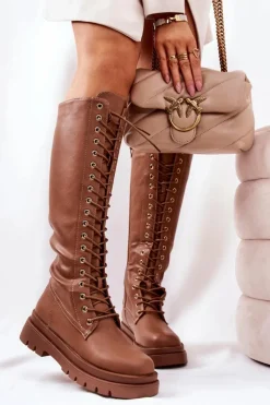 Kozaki Płaskie|Kozaki Przed Kolano></noscript>Boto Wysokie Ocieplane Wiązane Kozaki Camel Kannies