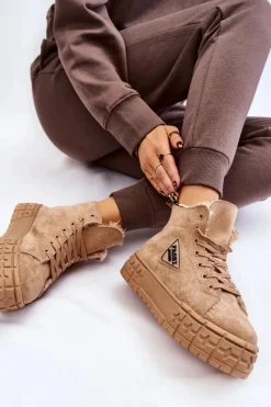 Outlet Wysokie Ocieplane Zamszowe Trampki Beżowe Evren Damskie Trampki Ocieplane|Trampki Damskie Wysokie