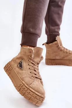 Outlet Wysokie Ocieplane Zamszowe Trampki Beżowe Evren Damskie Trampki Ocieplane|Trampki Damskie Wysokie
