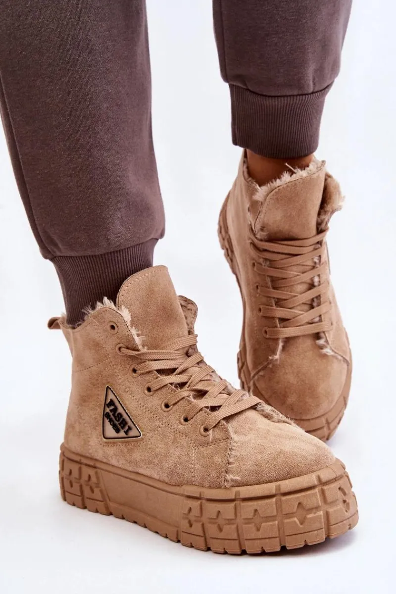 Outlet Wysokie Ocieplane Zamszowe Trampki Beżowe Evren Damskie Trampki Ocieplane|Trampki Damskie Wysokie