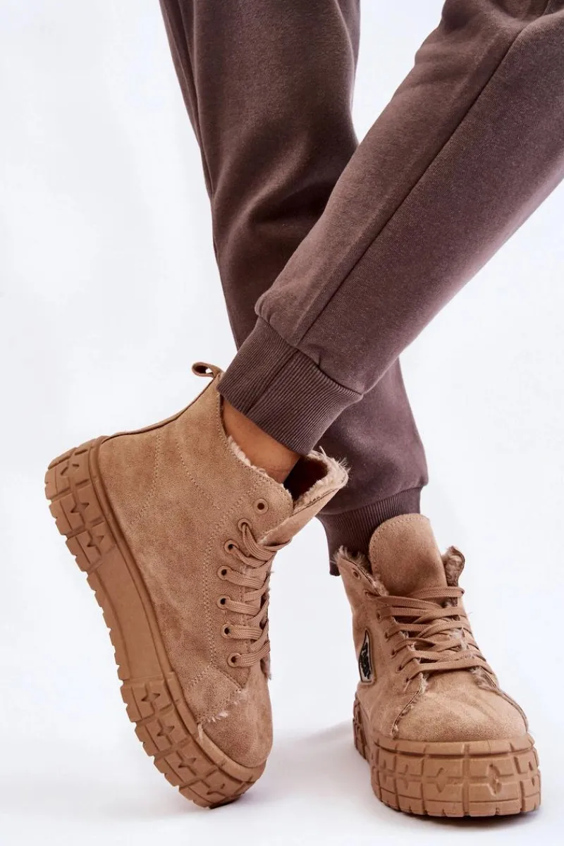 Outlet Wysokie Ocieplane Zamszowe Trampki Beżowe Evren Damskie Trampki Ocieplane|Trampki Damskie Wysokie