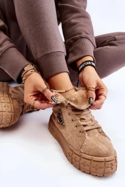 Outlet Wysokie Ocieplane Zamszowe Trampki Beżowe Evren Damskie Trampki Ocieplane|Trampki Damskie Wysokie