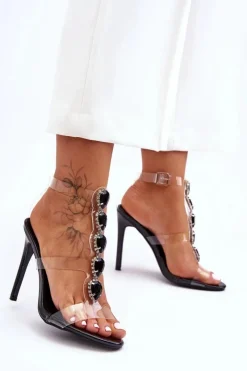 Discount Wysokie Sandałki Szpilki D&A MR-16 Czarne Damskie Sandały Na Obcasie