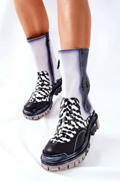 Botki Maciejka|Czarne Botki>Maciejka Wysokie Skórzane Botki Czarno-Białe 05141-11