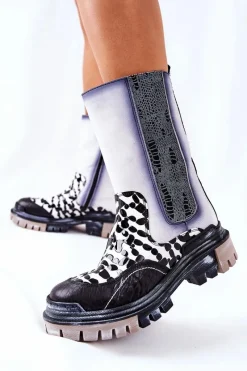 Botki Maciejka|Czarne Botki></noscript>Maciejka Wysokie Skórzane Botki Czarno-Białe 05141-11