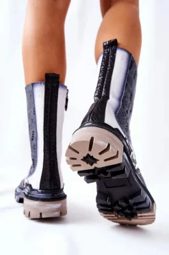 Botki Maciejka|Czarne Botki></noscript>Maciejka Wysokie Skórzane Botki Czarno-Białe 05141-11