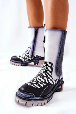 Botki Maciejka|Czarne Botki></noscript>Maciejka Wysokie Skórzane Botki Czarno-Białe 05141-11