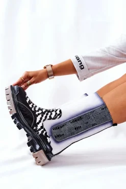 Botki Maciejka|Czarne Botki></noscript>Maciejka Wysokie Skórzane Botki Czarno-Białe 05141-11