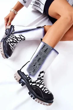 Botki Maciejka|Czarne Botki></noscript>Maciejka Wysokie Skórzane Botki Czarno-Białe 05141-11