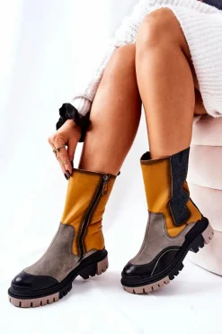 Botki Maciejka|Czarne Botki>Maciejka Wysokie Skórzane Botki Żółto-Szare 05141-07