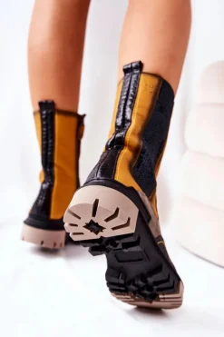 Botki Maciejka|Czarne Botki>Maciejka Wysokie Skórzane Botki Żółto-Szare 05141-07