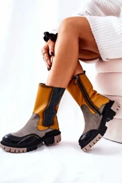 Botki Maciejka|Czarne Botki></noscript>Maciejka Wysokie Skórzane Botki Żółto-Szare 05141-07