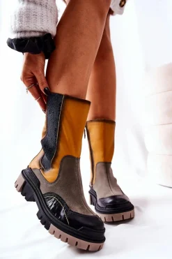 Botki Maciejka|Czarne Botki></noscript>Maciejka Wysokie Skórzane Botki Żółto-Szare 05141-07