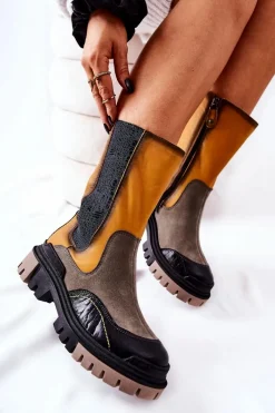 Botki Maciejka|Czarne Botki></noscript>Maciejka Wysokie Skórzane Botki Żółto-Szare 05141-07