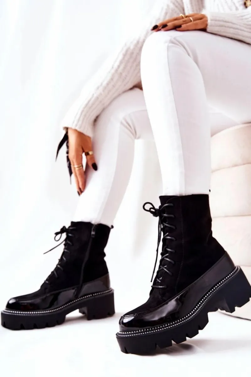 Sale Wysokie Skórzane Botki Na Suwak Czarne Solutia Damskie Botki Sznurowane|Czarne Botki