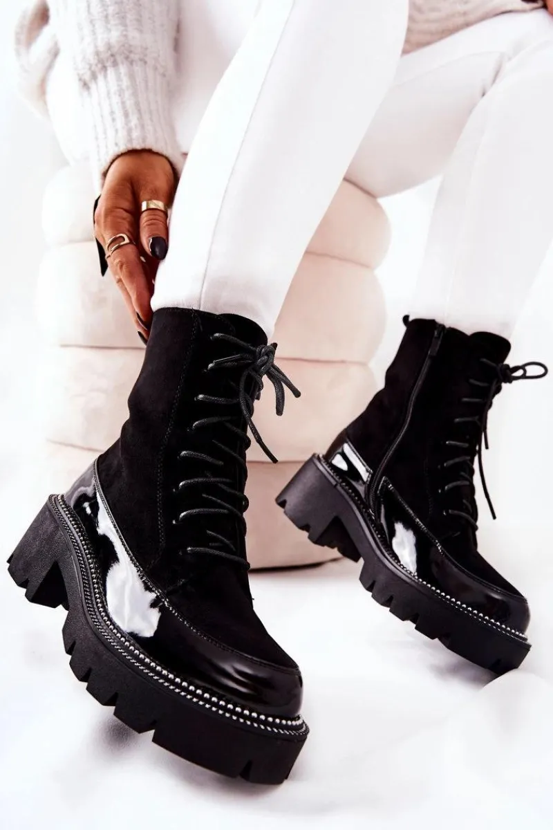 Sale Wysokie Skórzane Botki Na Suwak Czarne Solutia Damskie Botki Sznurowane|Czarne Botki