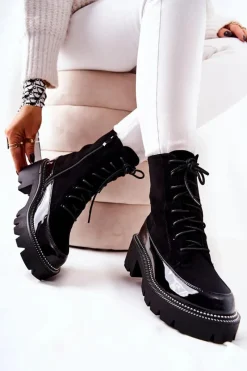 Sale Wysokie Skórzane Botki Na Suwak Czarne Solutia Damskie Botki Sznurowane|Czarne Botki