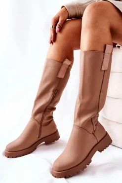 Kozaki Płaskie|Kozaki Przed Kolano>Boto Wysokie Skórzane Kozaki Beżowe Trishia