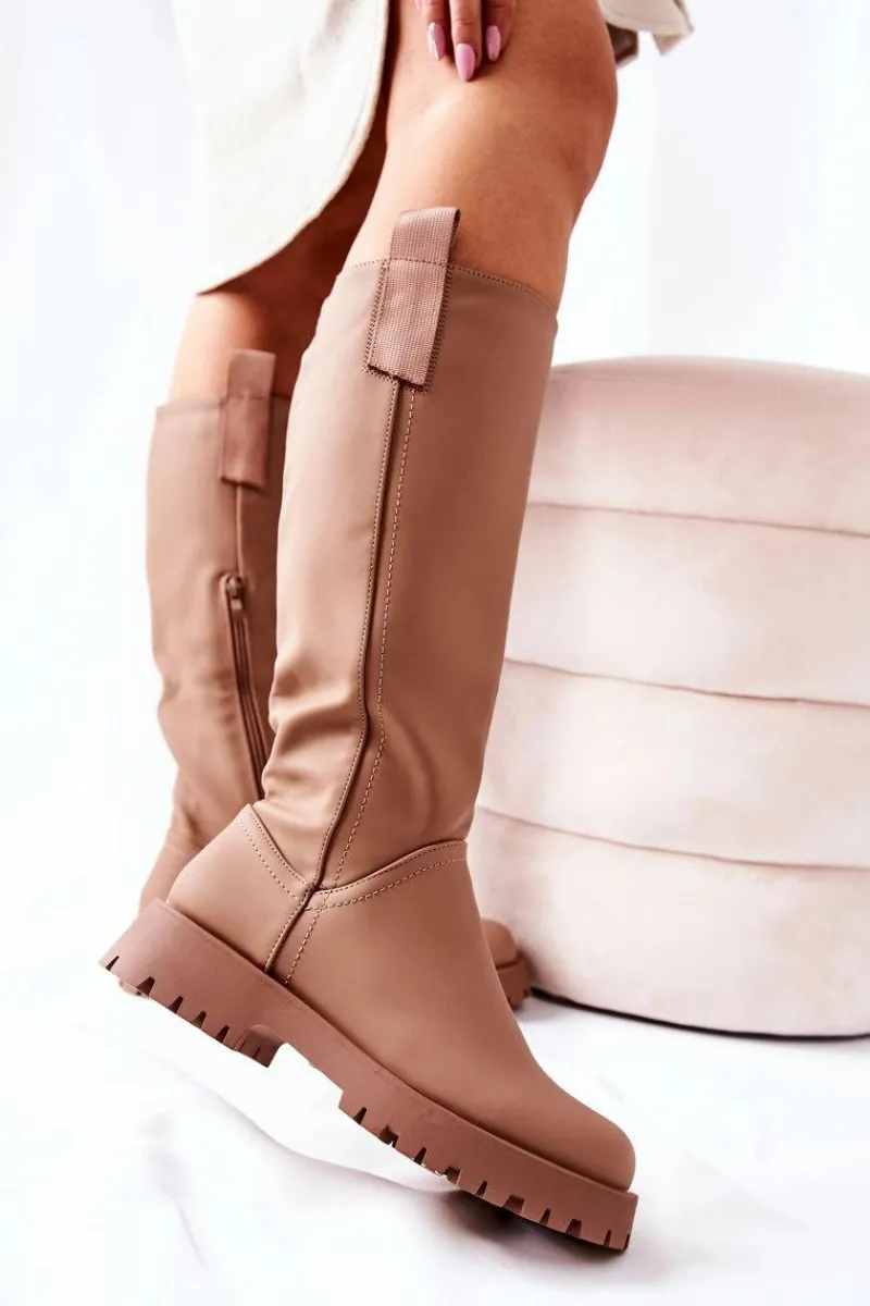 Kozaki Płaskie|Kozaki Przed Kolano>Boto Wysokie Skórzane Kozaki Beżowe Trishia