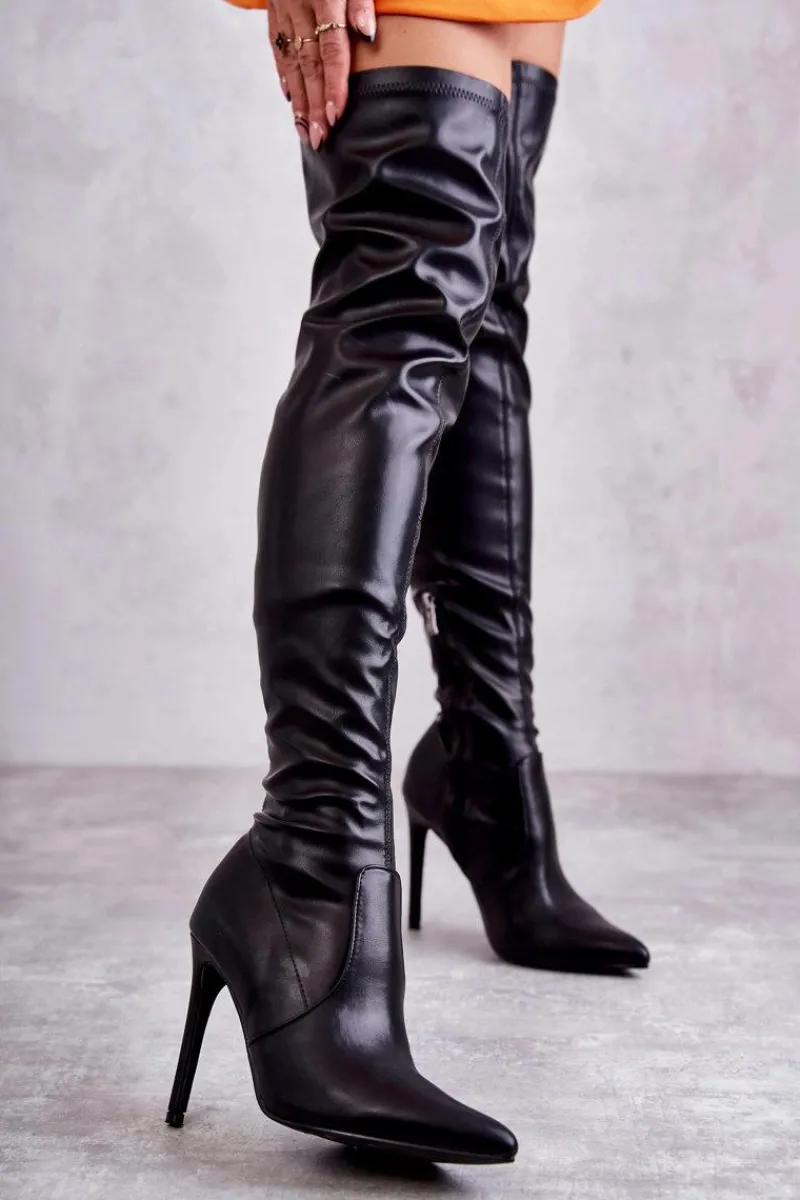 Online Wysokie Skórzane Kozaki Na Szpilce Czarne Skyler Damskie Kozaki Za Kolano|Kozaki Na Obcasie