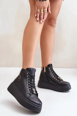 Clearance Wysokie Skórzane Sneakersy Damskie Na Platformie Vinceza 66707 Czarne Damskie Sneakersy Damskie