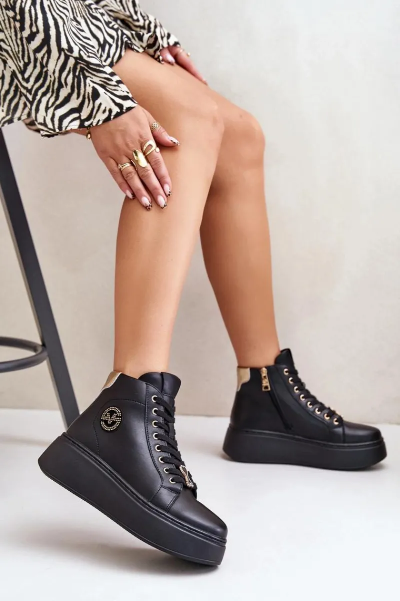 Clearance Wysokie Skórzane Sneakersy Damskie Na Platformie Vinceza 66707 Czarne Damskie Sneakersy Damskie