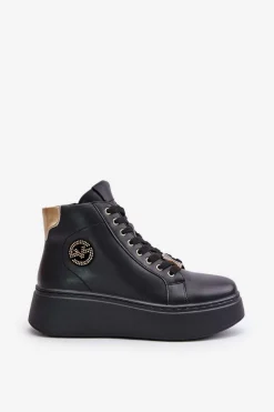 Clearance Wysokie Skórzane Sneakersy Damskie Na Platformie Vinceza 66707 Czarne Damskie Sneakersy Damskie