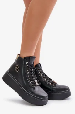 Clearance Wysokie Skórzane Sneakersy Damskie Na Platformie Vinceza 66707 Czarne Damskie Sneakersy Damskie