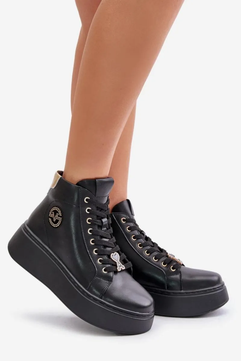 Clearance Wysokie Skórzane Sneakersy Damskie Na Platformie Vinceza 66707 Czarne Damskie Sneakersy Damskie