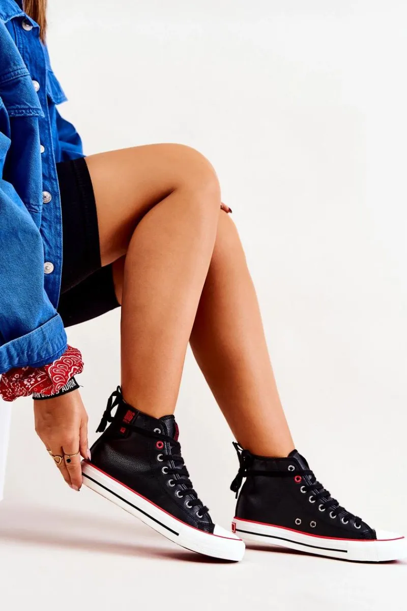 Trampki Damskie Big Star|Trampki Damskie Wysokie>Big Star Shoes Wysokie Skórzane Trampki Big Star JJ274131 Czarne