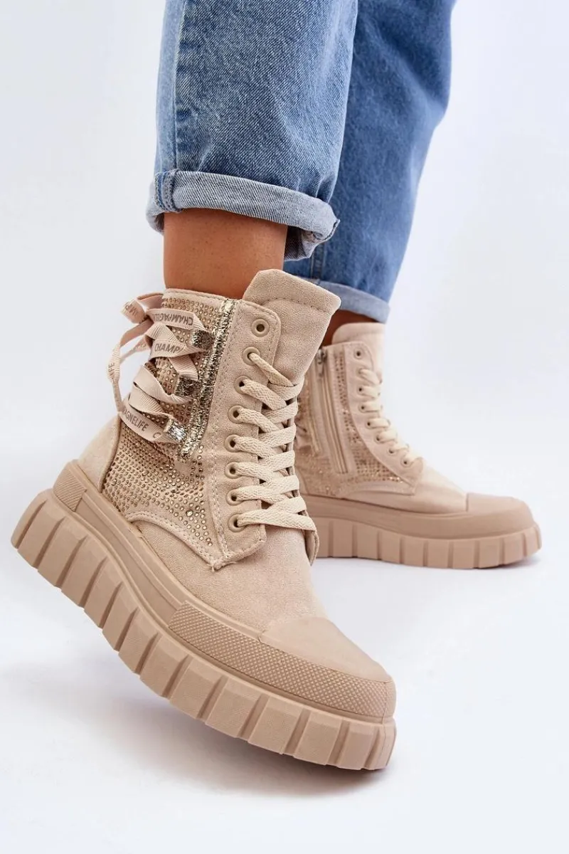 Discount Wysokie Trampki Damskie Na Masywnej Platformie Beżowe Wonise Damskie Trampki Damskie Wysokie