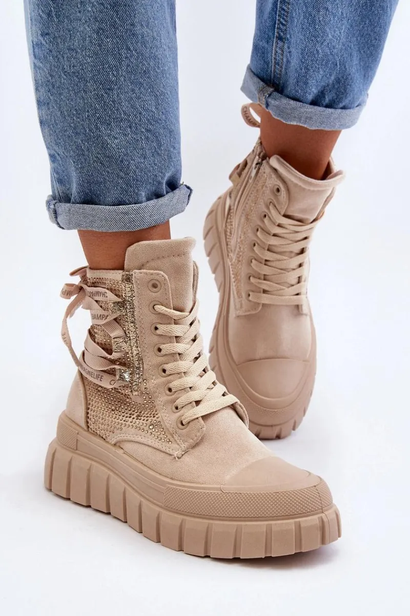 Discount Wysokie Trampki Damskie Na Masywnej Platformie Beżowe Wonise Damskie Trampki Damskie Wysokie